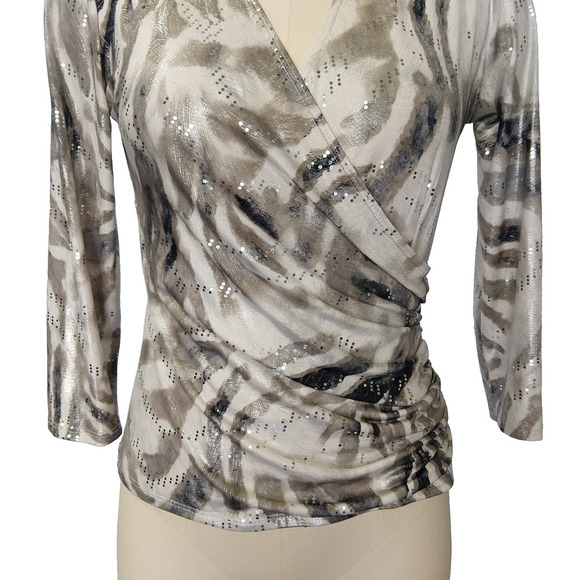 Vintage 90s Faux Wrap Top Size S Metallic Animal Print Sparkle Trashy Y2K - Picture 3 of 6